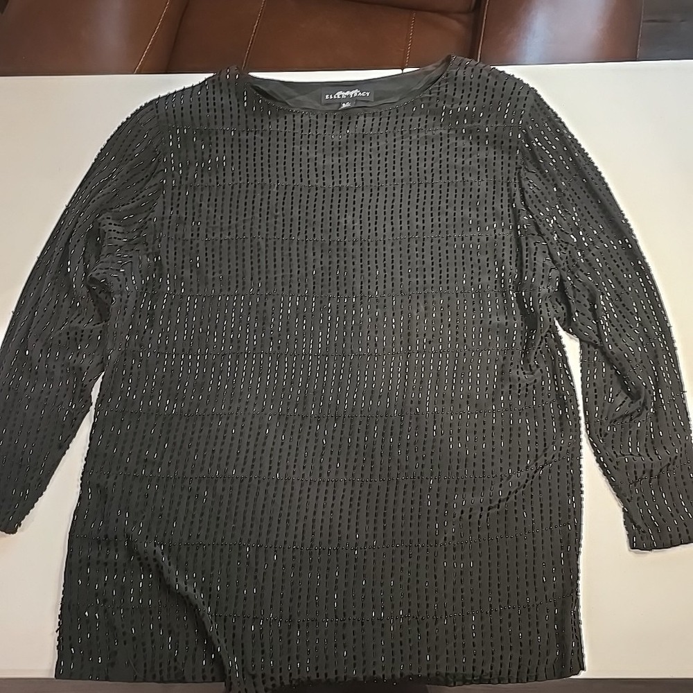 Vintage Ellen Tracy Black Silk Beaded Tunic Top Size Medium M Late 1980's